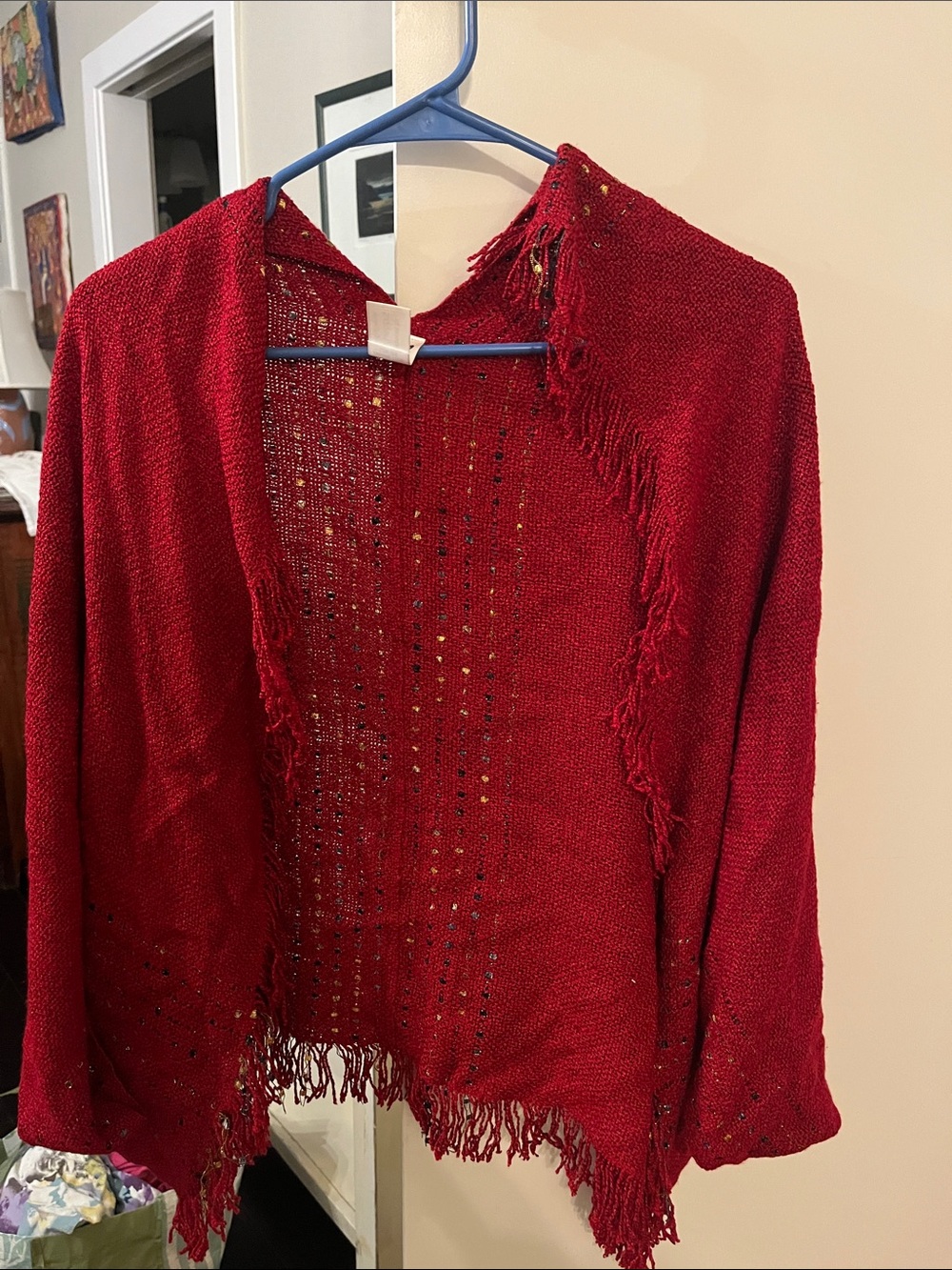 Red Open-Front Fringe Knit Sweater Shrug